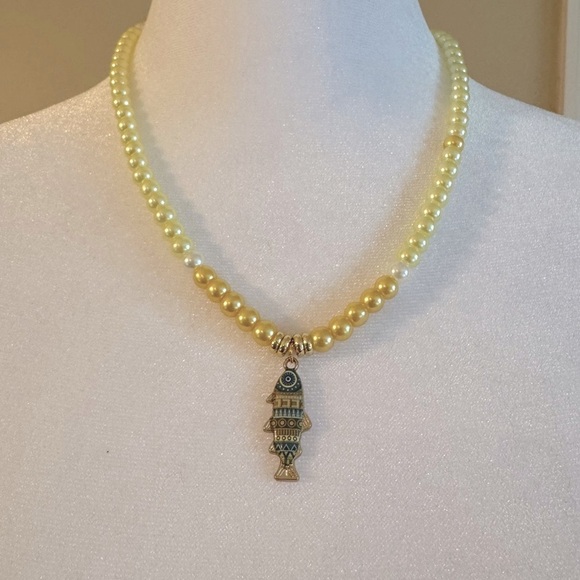 Beaded Necklace w/ Blue Fish Pendant – Yellow & White Beads - Picture 1 of 4